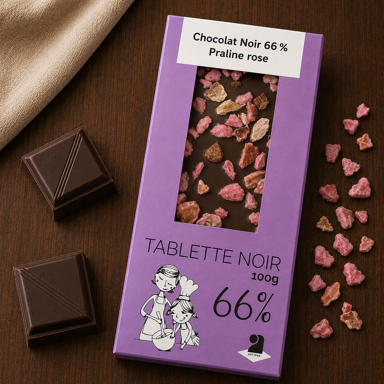 Tablette de chocolat noir 66% - Praline rose 100g