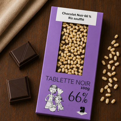 Tablette de chocolat noir 66% - Riz soufflé 100g