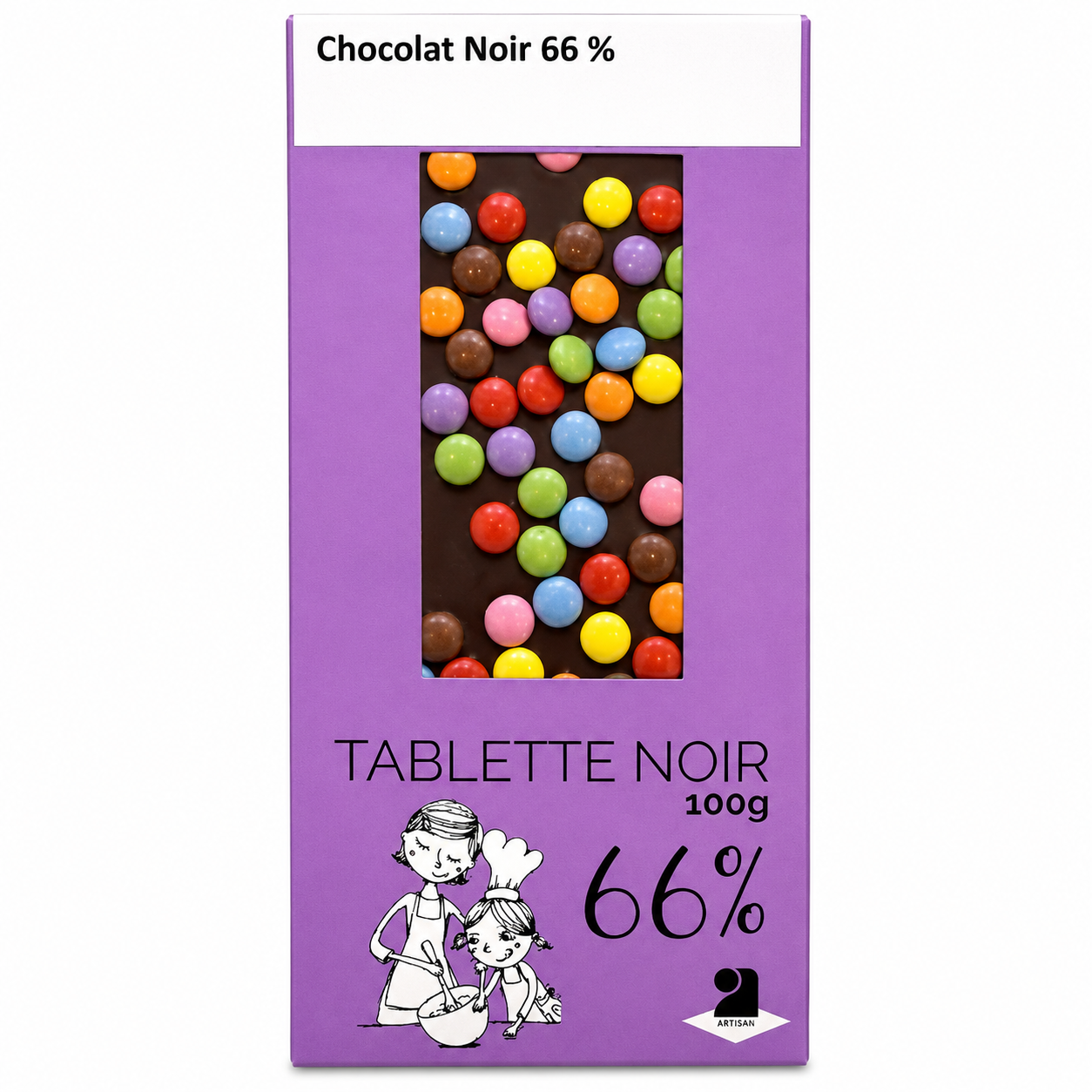 Tablette de chocolat noir 66% Pastilles couleur - 100g