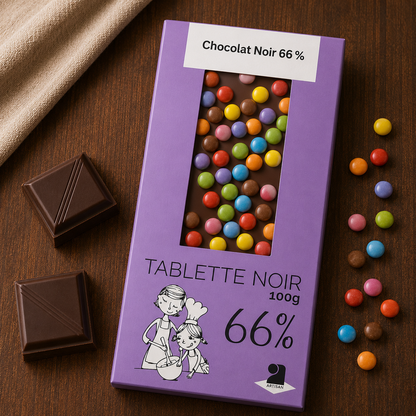 Tablette de chocolat noir 66% Pastilles couleur - 100g