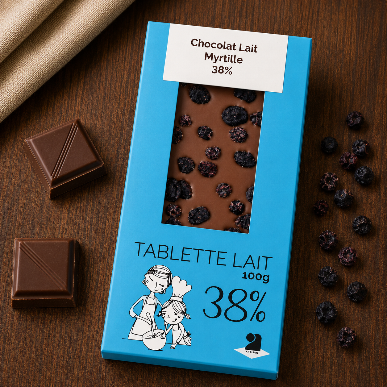 Tablette de chocolat lait 38% - Myrtille 100g