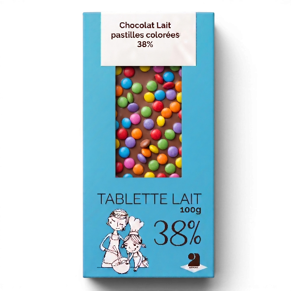 Tablette de chocolat lait 38% Pastilles couleur - 100g