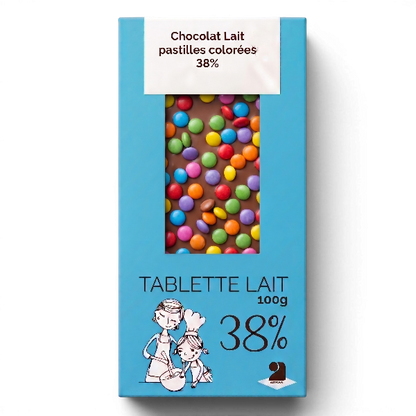 Tablette de chocolat lait 38% Pastilles couleur - 100g
