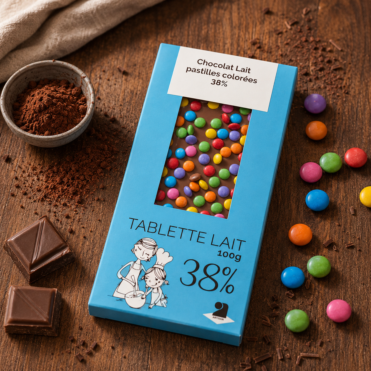 Tablette de chocolat lait 38% Pastilles couleur - 100g
