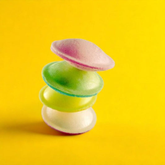 Bonbons Soucoupes sur fond jaune, confiseries colorées à la poudre acidulée pour une pause sucrée pleine de fraîcheur.