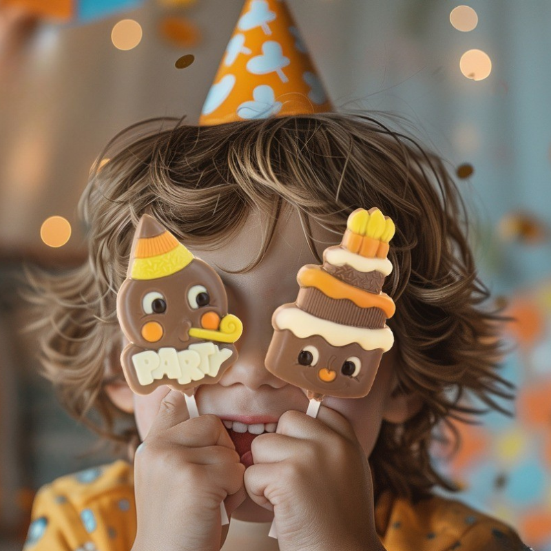Petit garçon tenant deux sucettes Lollipops Célébrations Party en chocolat au lait, friandises festives et gourmandes pour anniversaire.