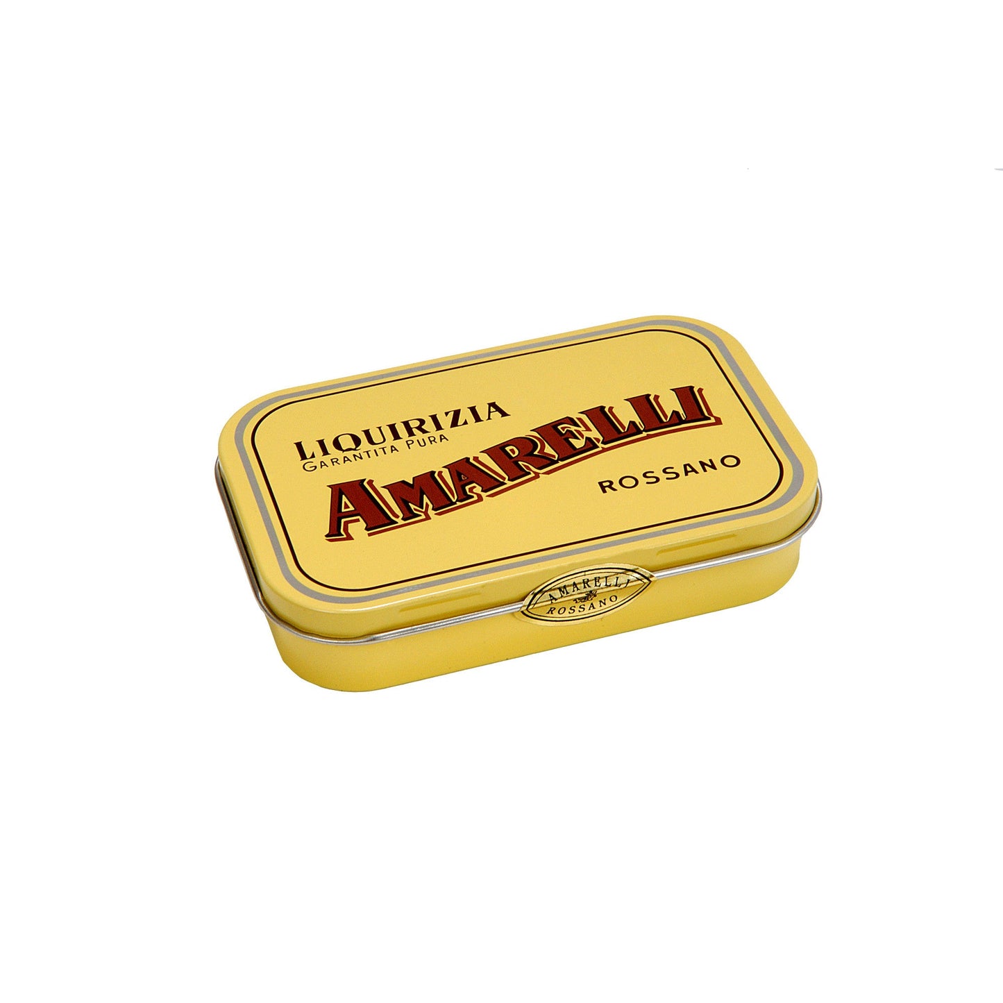 Boîte métallique de réglisses Spezzata fermée, format 40 g, confiserie italienne raffinée au goût pur de réglisse.