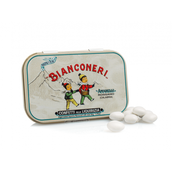 Boîte métallique de réglisses Bianconeri – dragées de réglisse à la menthe enrobées de sucre blanc.