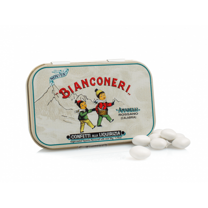 Boîte métallique de réglisses Bianconeri – dragées de réglisse à la menthe enrobées de sucre blanc.