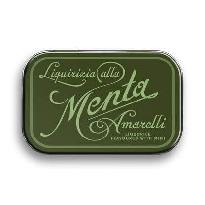 Boîte métallique de réglisses dures Favette – confiserie italienne traditionnelle à la menthe.
