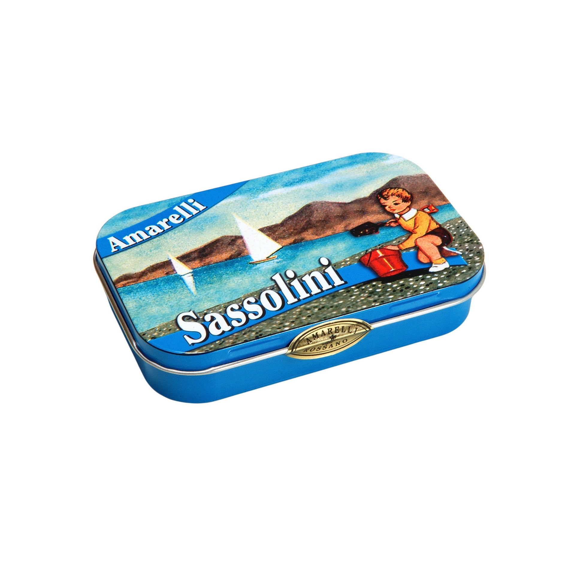 Boîte métallique de réglisses Sassolini fermée, contenant des dragées de réglisse italienne à l’anis enrobées de sucre.