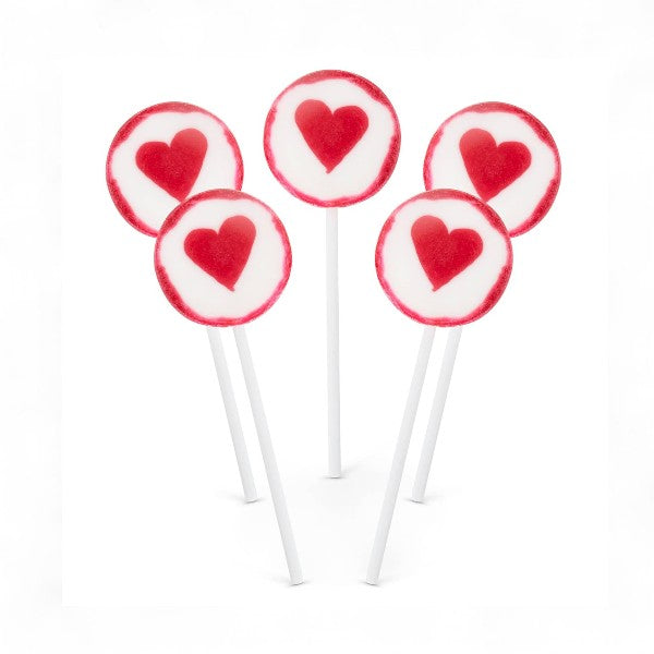 Cinq sucettes Rock “Cœur Rouge” – bonbons colorés à la framboise décorés d’un cœur rouge.