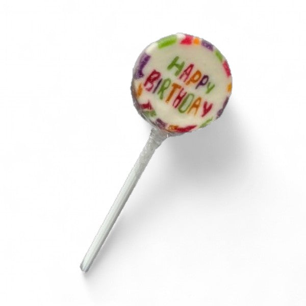Sucette Rock “Happy Birthday” – bonbon coloré aromatisé au cassis, design anniversaire festif.