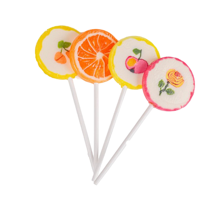 Quatre sucettes Rock “Fleurs et Fruits” colorées – bonbons décorés de fleurs et de fruits aux saveurs assorties.