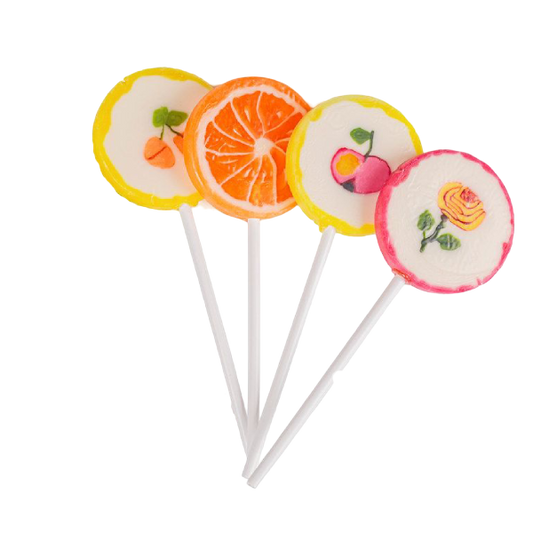 Quatre sucettes Rock “Fleurs et Fruits” colorées – bonbons décorés de fleurs et de fruits aux saveurs assorties.