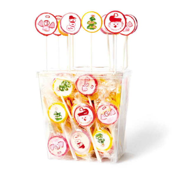 Pot de sucettes Rock de Noël aux motifs variés et couleurs vives, confiseries Tutti Frutti festives parfaites pour les fêtes.