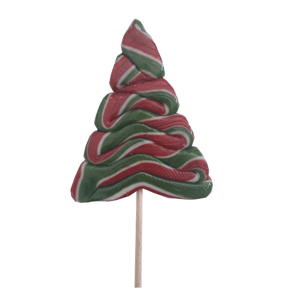 Sucette “Fête foraine” Sapin de Noël 50g, confiserie en sucre cuit au goût pomme, friandise colorée et festive.