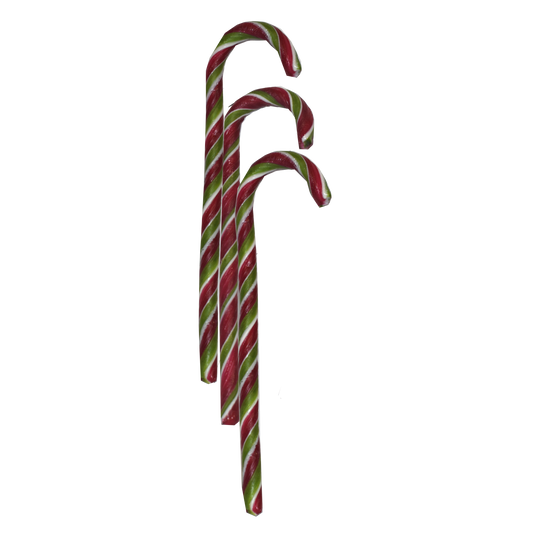 Trois cannes de sucre d’orge Noël 28g au goût pomme, friandises en sucre cuit de 19cm, gourmandises colorées et festives.