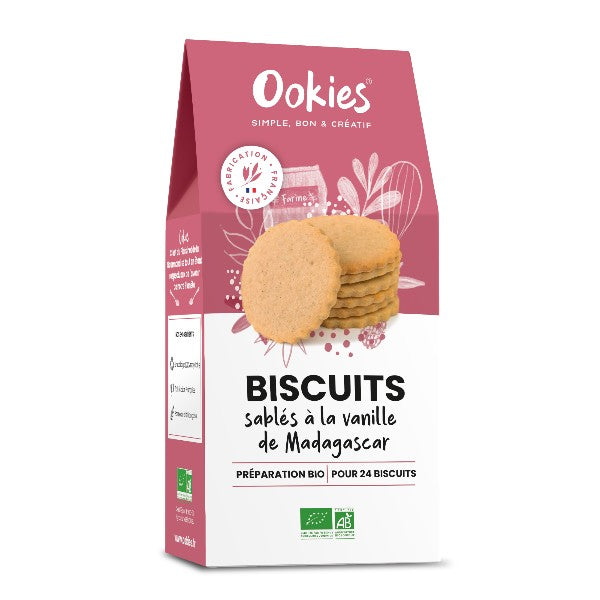 Sachet de préparation pour biscuits sablés à la vanille de Madagascar 100% bio, sans conservateur, additif ni colorant, pour réaliser 25 sablés fondants.