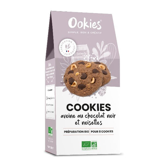 Sachet de préparation pour cookies avoine, chocolat noir et noisettes 100% bio, sans conservateur ni additif, pour réaliser 8 cookies sains et gourmands.