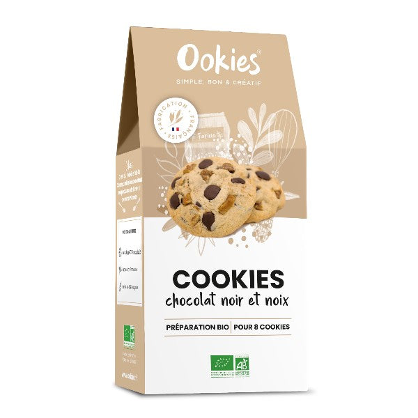 Sachet de préparation pour cookies au chocolat noir et aux noix 100% bio, sans conservateur, additif ni colorant, pour réaliser 8 cookies riches en goût.