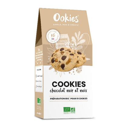 Sachet de préparation pour cookies au chocolat noir et aux noix 100% bio, sans conservateur, additif ni colorant, pour réaliser 8 cookies riches en goût.