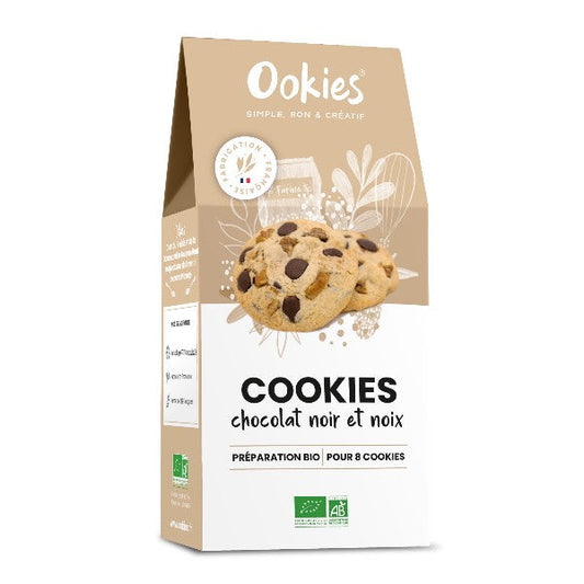 Sachet de préparation pour cookies au chocolat noir et aux noix 100% bio, sans conservateur, additif ni colorant, pour réaliser 8 cookies riches en goût.