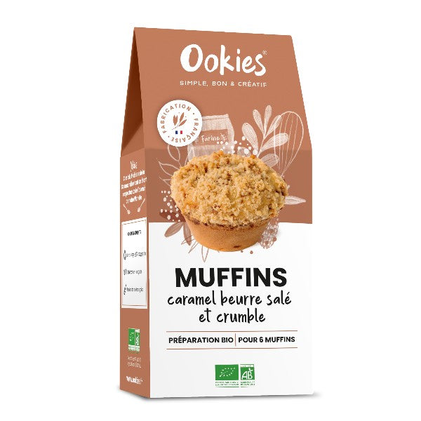 Sachet de préparation pour muffins caramel beurre salé et crumble 100% bio, sans conservateur, additif ni colorant, pour réaliser 6 muffins moelleux et croustillants.