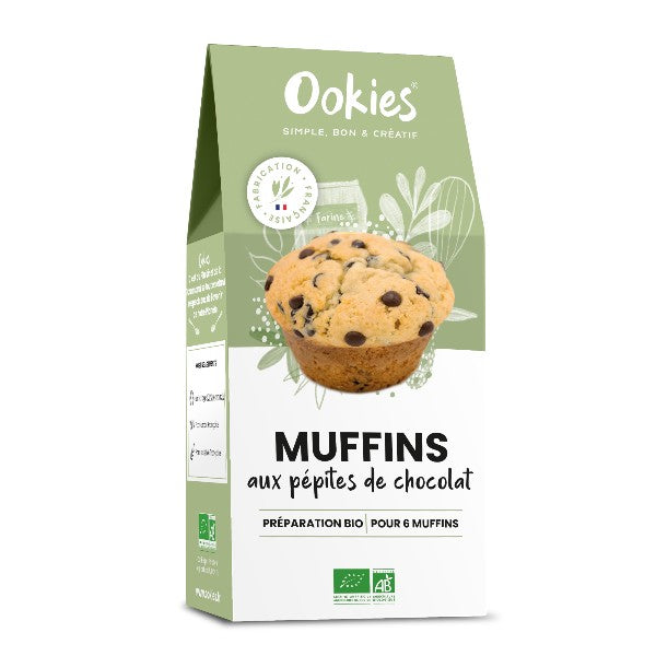 Sachet de préparation pour muffins aux pépites de chocolat 100% bio, sans conservateur, additif ni colorant, pour réaliser 6 muffins moelleux et gourmands.