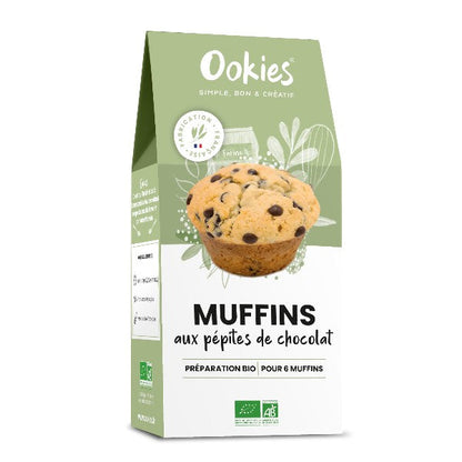 Sachet de préparation pour muffins aux pépites de chocolat 100% bio, sans conservateur, additif ni colorant, pour réaliser 6 muffins moelleux et gourmands.