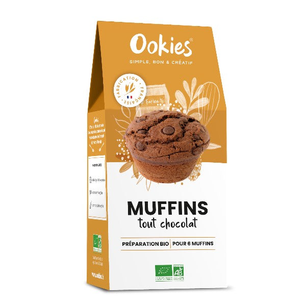 Sachet de préparation pour muffins tout chocolat 100% bio, sans conservateur, additif ni colorant, pour réaliser 6 muffins moelleux et gourmands.
