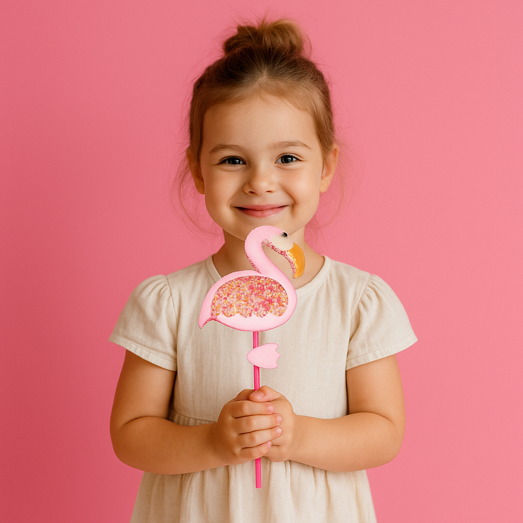 Fillette dégustant une brochette de guimauve “Flamant Rose” – bonbon moelleux à la vanille, thème animaux exotiques.