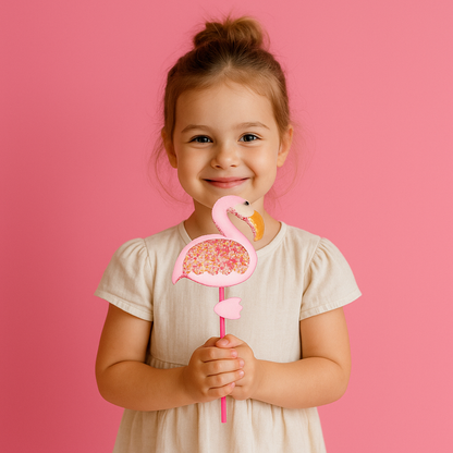 Fillette dégustant une brochette de guimauve “Flamant Rose” – bonbon moelleux à la vanille, thème animaux exotiques.