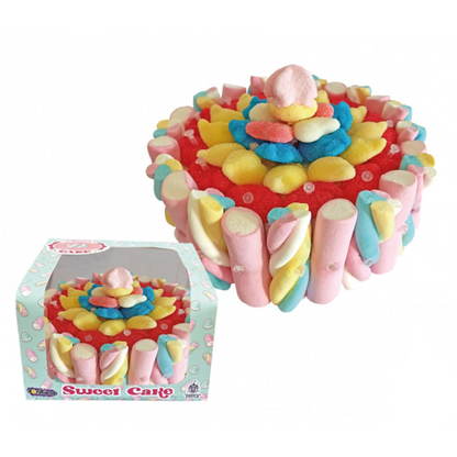 Gâteau de bonbons en étages rond “Sweet Cake” – composition de guimauves et confiseries colorées dans un coffret pâtissier élégant.
