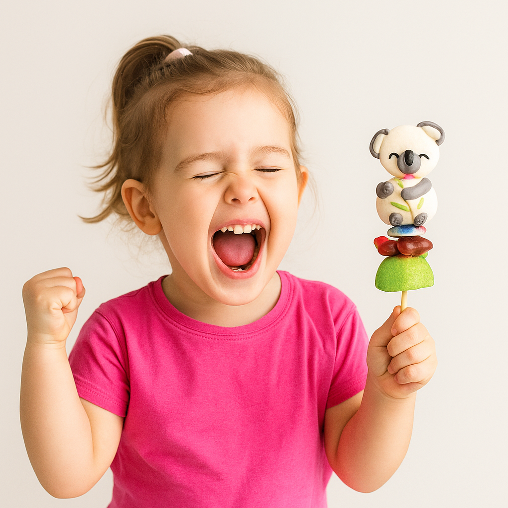 Enfant dégustant une brochette de guimauve “Koala” – friandise artisanale décorée à la main, thème animaux du zoo.