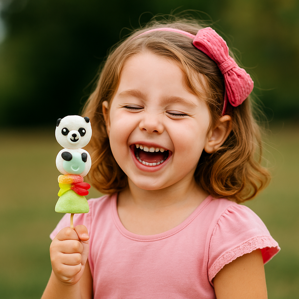 Enfant dégustant une brochette de guimauve “Panda” – friandise artisanale décorée à la main, thème animaux du zoo.