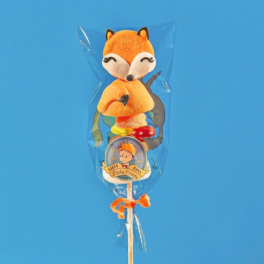 Brochette de guimauve “Renard” sur fond bleu – friandise artisanale décorée à la main, thème Le Petit Prince.