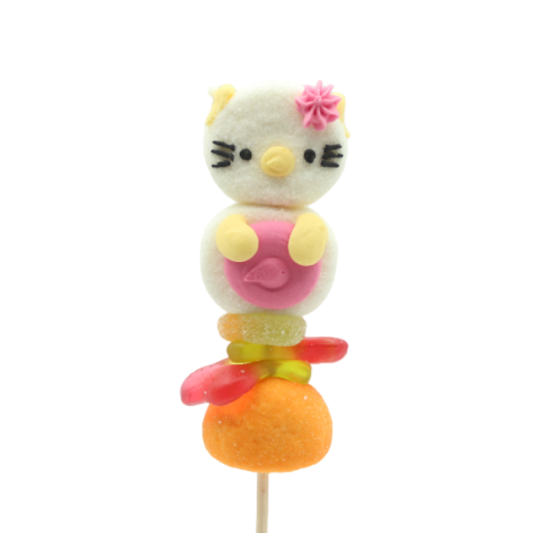 Brochette de guimauve “Chat” – bonbons artisanaux en forme de chat aux saveurs vanille, fraise, pêche et cerise.