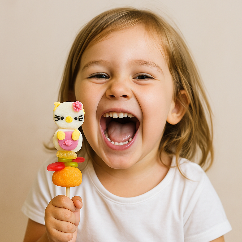 Fillette dégustant une brochette de guimauve “Chat” – friandise artisanale décorée à la main, thème animaux et gourmandise.
