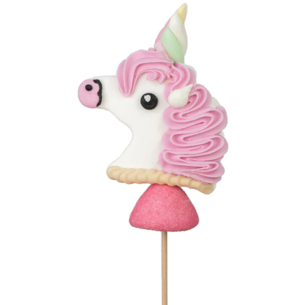 Brochette de guimauve “Licorne” – bonbons artisanaux en forme de licorne, saveurs vanille et fraise.