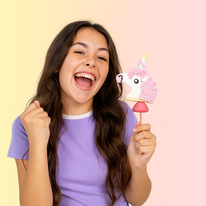 Fille dégustant une brochette de guimauve “Licorne” – friandise artisanale décorée à la main, thème licorne féerique.