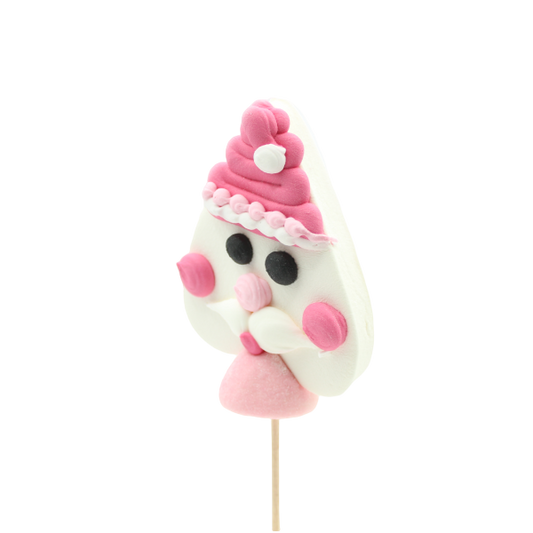 Brochette guimauve “Père Noël” 78g vue de trois quarts, confiserie moelleuse et décorée à la main au glaçage royal, saveurs fraise et vanille.
