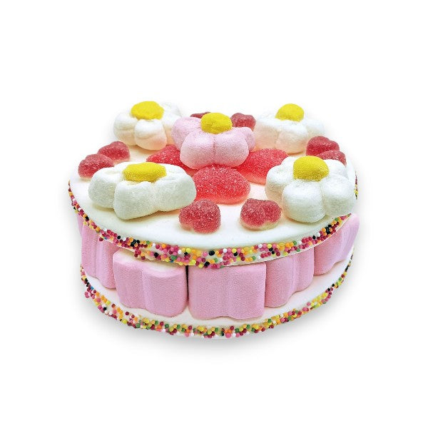 Gâteau Guimauve Fleur composé de guimauves et confiseries gélifiées colorées, dessert festif et gourmand pour anniversaires et goûters d’enfants.