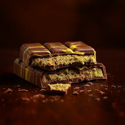 Tablette de chocolat au lait “Dubaï” cassée en deux – cœur de crème de pistache et éclats de kadaïf croustillant.