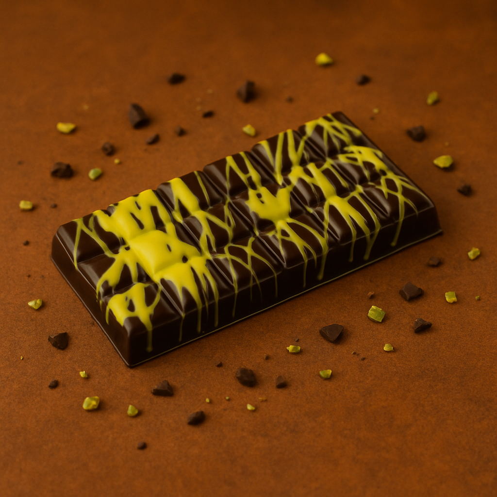 Tablette de chocolat noir “Dubaï” sur fond marron avec éclats de pistaches – gourmandise raffinée au chocolat noir, pistache et kadaïf.
