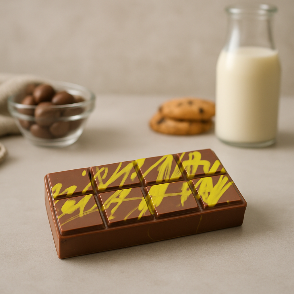 Tablette de chocolat au lait “Dubaï” dans une cuisine – gourmandise raffinée au chocolat au lait, crème de pistache et kadaïf croquant.