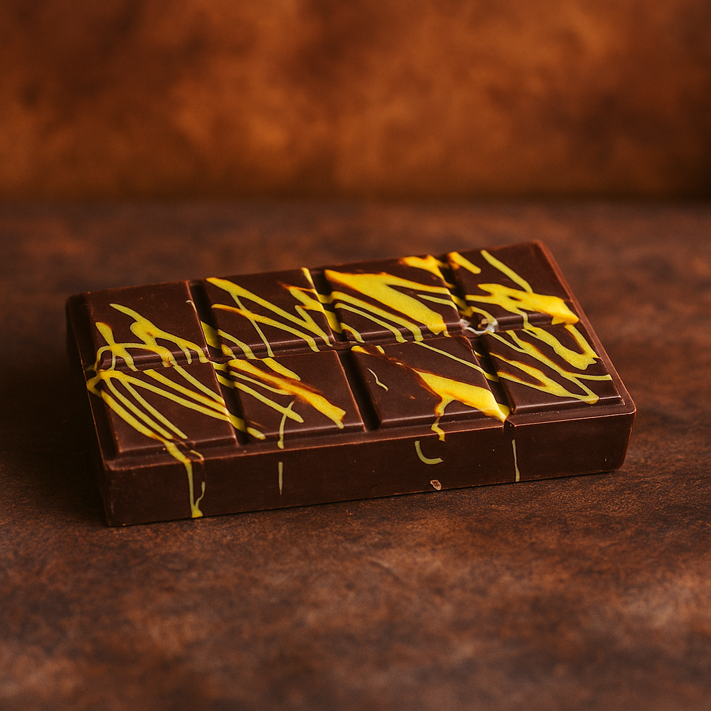 Tablette de chocolat noir “Dubaï” sur fond marron – alliance de chocolat noir, crème de pistache et kadaïf croquant.