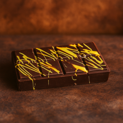 Tablette de chocolat noir “Dubaï” sur fond marron – alliance de chocolat noir, crème de pistache et kadaïf croquant.