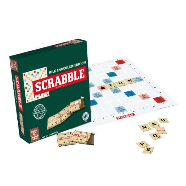 Jeu de société SCRABBLE VINTAGE en chocolat, coffret de 90g de napolitains gourmands mêlant plaisir du jeu et douceur sucrée.