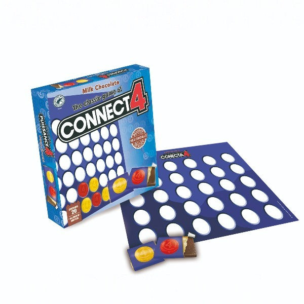 Jeu de société PUISSANCE 4 en chocolat, coffret de 90g de napolitains gourmands mêlant stratégie et douceur sucrée.